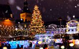 Christmas city market place in Tallinn town Hall Square, Illuminated tree,night light blurred ,people walking ,New year  holiday night celebrating  background travel to Europe 