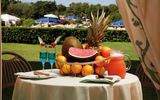 Stimmungsvoll gedeckter Tisch im Freien mit exotischer Obstschale, Wassermelone, Orangen und Ananas, daneben zwei blaue Cocktails und ein Krug frischer Saft – im Hintergrund Liegen mit blauen Sonnenschirmen auf einer grünen Wiese.